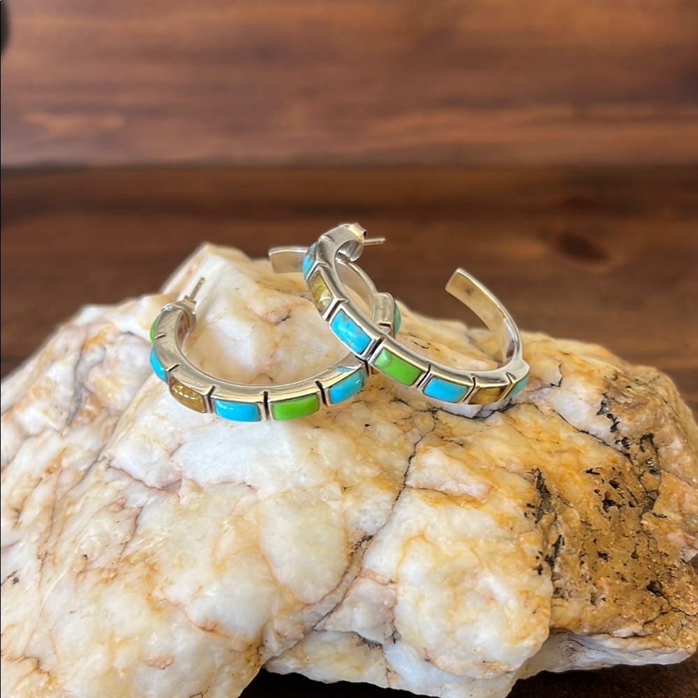 925 Silver Hoop Earrings with Turquoise & Lime Inlay